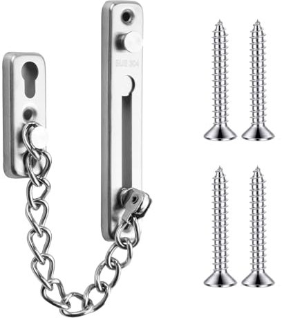 Stainless Steel Safety Chain Door Lock – 304 Stainless Steel (with Leather Case), Heavy Duty Latch Chain Lock for Door Security, Anti-Theft Door Chain with Spring Button, Included Screws