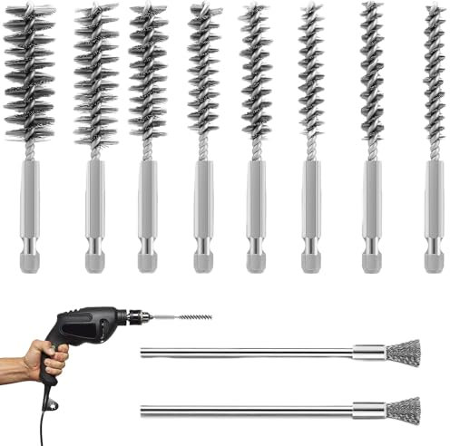 Lot de 10 brosses métalliques pour perceuse, visseuse sans fil, tige hexagonale en acier inoxydable, pour perceuse de polissage, différentes tailles (8 brosses longues + 2 brosses courtes)
