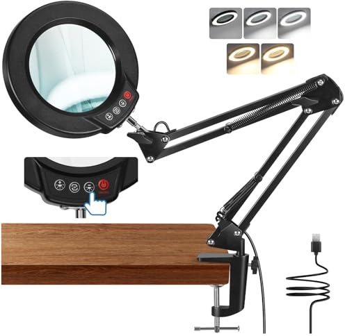 MagnieOpti 10X Lupe mit Licht und Klemme, LED Lupenlampe mit Glaslinse, 5 Farbmodi Stufenlosem Dimmen, Lupe mit Licht und Ständer, Hände Frei Leselupe für Senioren, Lesen, Basteln, Nähen, Löten