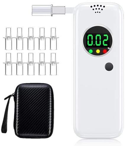 Etilometro Portatile Certificato, Alcol Test con Display LCD a Colori Digitali, Etilometro per Uso Domestico e Professionale, Codice Della Strada, Tester di Alcol con Bocchetti di 10 Pezzi (Bianco)