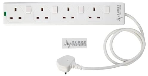 4 Gang Way, 1m Meter, 13A, Surge Protected, Individually Switched Uk Plug, Mains Power Extension Socket Lead Cable, Wall Mountable,LED Indicator, BS1363/A & BS5733/A Compliant, White