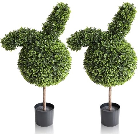 90cm Artificial Bunny Topiary Tree, Realistic Faux Boxwood Plant Decor in Plastic Pot Green Indoor or Outdoor