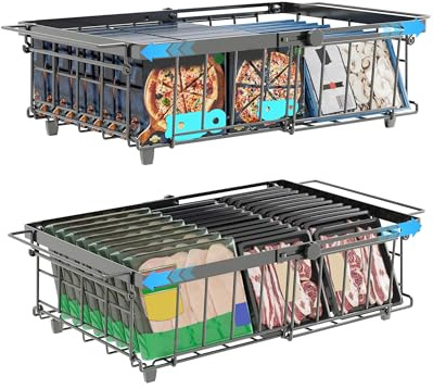 UMDONX Organizadores arcon Congelador de 2 Unidades Negro,28.5-45x30.5x13CM | Cestas apilables para congelador con asa, organizar ingredientes congelados,Longitud extensible