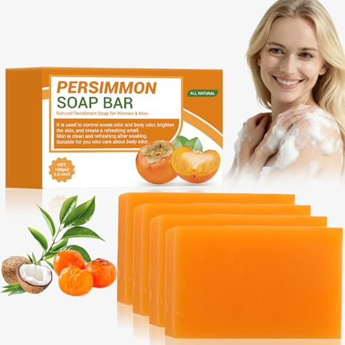 Jabón de caqui contra el olor corporal, desodorante natural, jabón de baño para el olor de edad, jabón de té verde hecho a mano para cara y cuerpo, limpieza profunda e hidratante (4 unidades)
