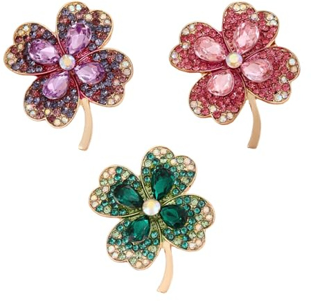 XFSRG 3 Pcs Broche Femme Vetement Trèfle à Quatre Feuilles Cristal Strass Accessoires Vestimentaires Chapeau Mariage Broche Fleur Bijoux Élégants Cadeau Anniversaire