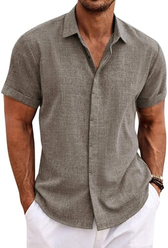 COOFANDY Chemise en Lin pour Hommes Chemise à Manches Courtes Boutonnée Coupe régulière Chemises décontractées Chemise d'été en Lin de Plage