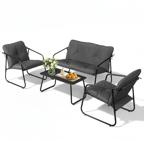 Bonnlo Conjunto de Jardín Exterior de 4 Piezas con Cojines Gruesos, Sofá y Sillones de Acero, Mesa de Centro con Cristal Templado para Terraza, Patio o Balcón, Gris