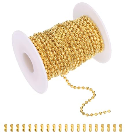 sourcing map 33ft Ball Bead Chain, Stainless Steel Ball Chain Roll with 20pcs Connectors for Hanging Ornament Dog Tags Keychain Christmas Decoration (Gold, 3mm OD)