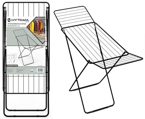 HYTAMA TOOLS Stendibiancheria AEGEANSTAR Nero da Pavimento, 18 METRI DI STENDITURA,100% Acciaio-Stendino Pieghevole con Piedini Antiscivolo, Sistema Anti-Chiusura 182x55x102cm Certificato TUV
