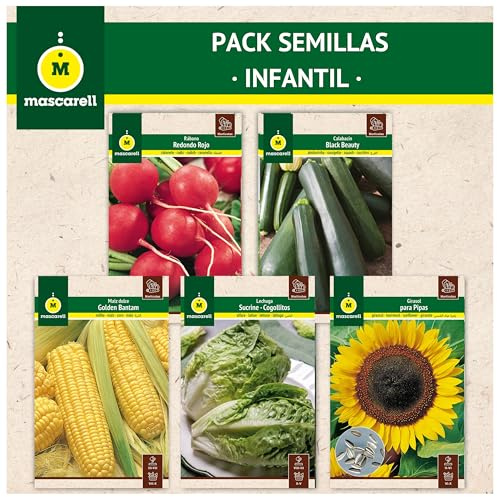 Mascarell Semillas, PACK SEMILLAS INFANTIL, Kit Huerto en Casa, Fácil de Cultivar, Contiene Rabanito, Girasol, Lechuga, Calabacín y Maíz Dulce