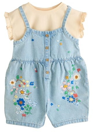 NEXT Ragazza Salopette corta e t-shirt in con ricami floreali | Denim, Bambino, Standard, Pull On, 100% cotone