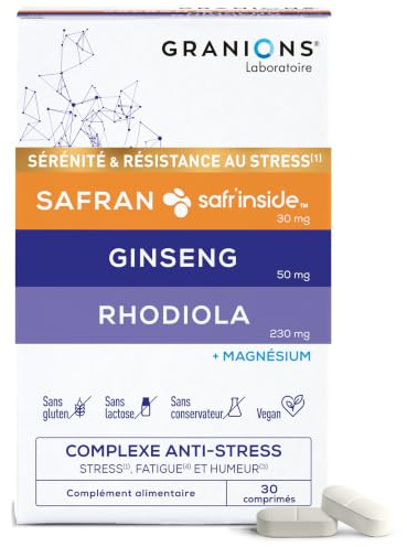 Magnesium Anti-Stress Granions - Safran Rhodiola Ginseng - 30 Comprimés | Favorise La Sérénité Et Réduit La Fatigue, Avec Safran, Rhodiola, Ginseng Et Magnésium - Complément Alimentaire, 30 Comprimés
