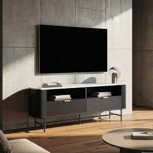 [en.casa] Mobile Porta TV con Cassetti e Scomparti Aperti Supporto Televisore Stand Multimediale per Soggiorno Studio Living 140x40x55cm Nero/Effetto Marmo Bianco