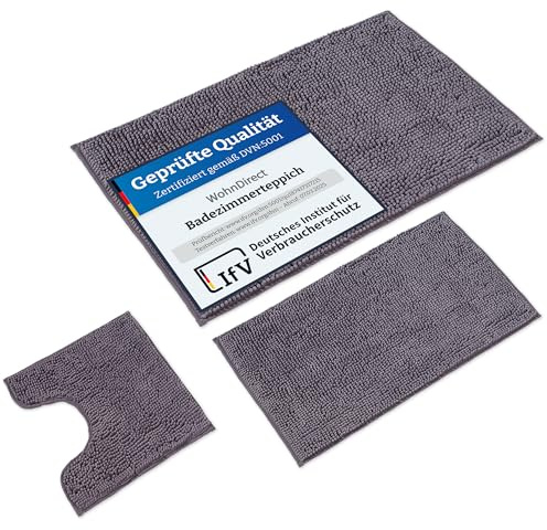 WohnDirect Badematten & Badteppiche Set 3 teilig Grau • WC Vorleger mit Ausschnitt 45x45 + Badematte rutschfest 50x80+70x120 groß • Badvorleger rutschfest waschbar • Badezimmerteppich ÖkoTex