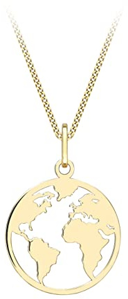 CARISSIMA Damen-Ring aus 9-karätigem Gelbgold mit Weltkarten-Anhänger auf gekrümmter Kette – 46 cm