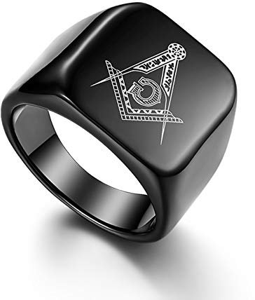 Flongo Herren Ring, Männer Edelstahl Ring Band Schwarz Ton Freimaurerei Freimaurer AG Hochzeit Verlobung Engagement Bandring Siegelring Daumenring Herren-Accessoires Größe 62