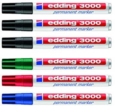 edding 3000 Permanentmarker, 1,5-3 mm, Nachfüllbar (3er-Pack Schwarz + 3 Grundfarben)