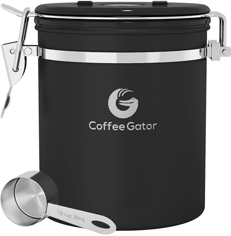 Coffee Gator Coffee Canister, Airtight Stainless Steel Kitchen Food Storage Container with Date Tracker, Scoop for Sugar, Grounds Coffee, Beans,Tea, Sugar, Cereal, Flour, Cookies Jars (Black, 16oz)