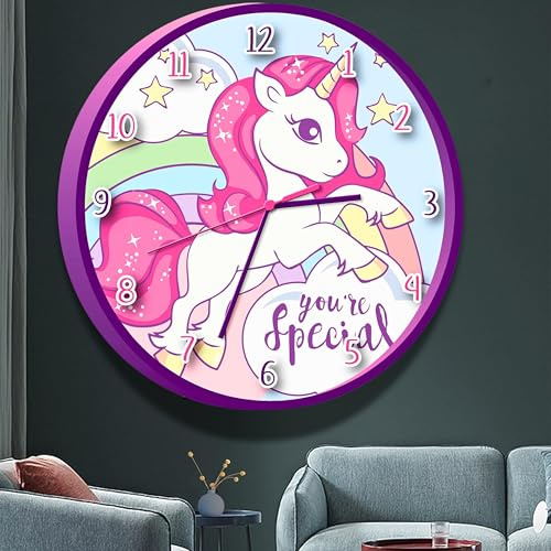 Horloge murale licorne pour enfants, 25 cm, fonctionne à piles, horloge analogique murale, grand nombre facile à lire, ronde pour école, chambre à coucher à partir de 3 ans