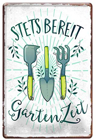 Blechschild Stets bereit Gartenzeit - Metallschild mit witzigen Spruch für Garten Meister und Meisterinnen - Retro Deko Schild für Balkon Terrasse Gartenhaus Laube Hobbykeller Geräteschuppen - 20x30cm