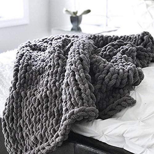 DIRUNEN Chenille Gestrickte Decke Grob Kuscheldecke Wolldecke Strickdecke Tagesdecke Überwurf Decke Zuhause Dekor Geschenk fürs Sofa(Dunkelgrau 200×254 cm)