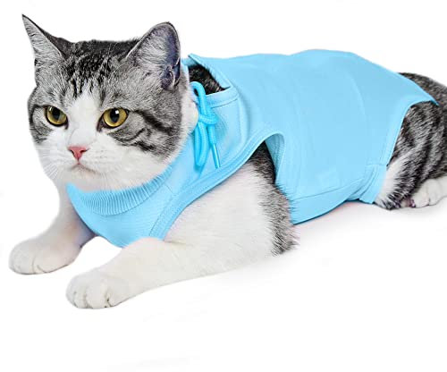 EASY JOY Recovery Suit Katze, Katzenbody Nach Op, Postoperative Katzenkleidung für Bauchwunden oder Hautkrankheiten, E-Halsband Alternative für Katze Kastration, Soft Home Indoor Pet Kleidung(M,Blau)