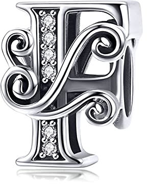 YCYR S925 Sterling Silber Schmuck, A-Z Anfangsbuchstabe Haar Bart Perlen für Armbänder Anhänger Halskette DIY, Flechtperlen für Haar Zöpfe Antik Silber Bart Ring,F