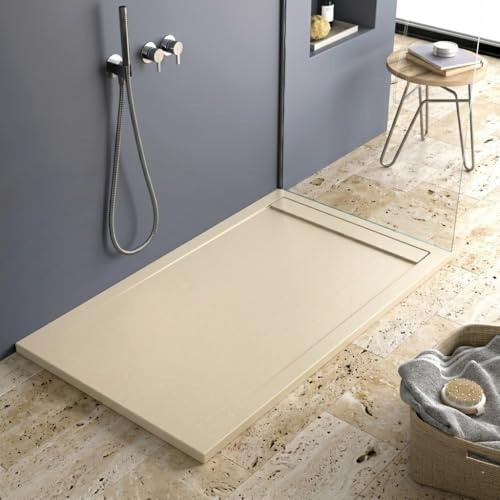 piatto doccia in mineralmarmo color crema, 3 cm., effetto pietra ardesia, antiscivolo, Lisbona (90x120)