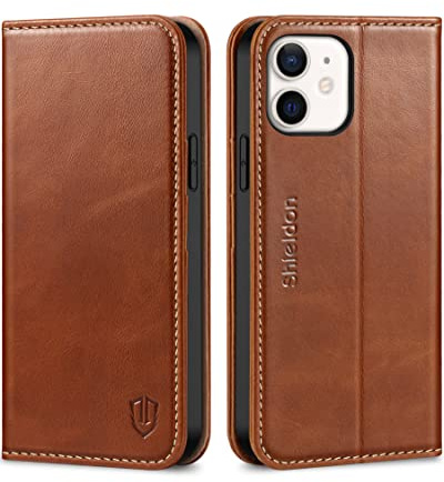 SHIELDON Lederhülle für iPhone 12 / iPhone 12 Pro 6,1, Retro Braun | Erstklassiges Echtleder, Kartenfach, Standfunktion, RFID-Sperre, Stoßfeste Schutzhülle, TPU Magnet Lederhülle