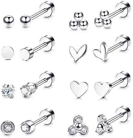 JeryWe 8 Pares Pendientes de Cartílago en Acero Inoxidable - Set Para Mujeres y Hombres Con CZ Corazón Bola 18G Tiny Tragus Daith Helix Piercing en Oreja