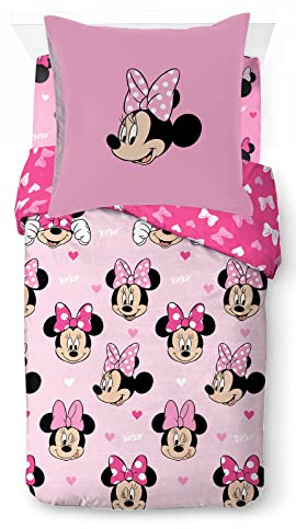 Jay Franco - Set di biancheria da letto in 100% cotone, 3 pezzi, motivo Disney: Minnie “cuori e amore”, per letto singolo, copripiumino: 135x200 cm, lenzuolo con angoli: 90x200 cm, federa: 80x80 cm