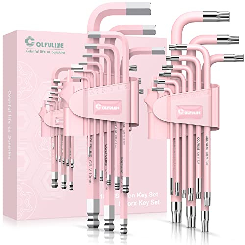 COLFULINE 18PCS Innensechskantschlüssel Satz, Profi 9PCS Innensechskant Satz Kugelkopf HX 1,5mm-10mm + 9PCS Sechskantschlüssel Set Torx Set T10-50, mit faltbarem Halter, Rosa Geschenke für Frauen