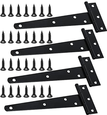 4 Stück T-Scharniere Schwerlast mit Befestigungsschraube, 150 mm T-förmige Scharniere, T Scharnier Schwarz Verzinkt für Schuppentore, Gartentor, Fenster