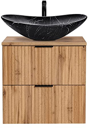 Lomadox Badmöbel Waschtisch Set mit 60 cm Unterschran, Wotaneiche gerillt, Keramik-Aufsatz-Waschbecken schwarz marmoriert, Gäste Bad WC mit 2 Softclose-Schubkästen, B/H/T 61,5/74,7/46,5 cm