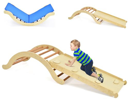 DREAMADE Arche d’Escalade avec Toboggan, 4 en 1 pour Bebe 1+ Ans, Triangle en Bois Charge Max. 60KG avec Rampe Double Face & Coussin, Jouet Montessori Bascule pour Enfant (Naturel)