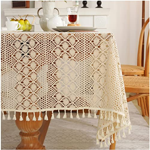 Freyamy Tischdecke Handarbeit Gehäkelte Aushöhlen Pfauenfeder Tischdecken mit Quaste Baumwolle Leinen Tischwäsche Vintage Häkelspitze Tischtuch Tischbedeckung Tischdekoration (140x140cm)
