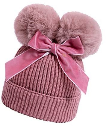 Abaodam Junge Mädchen Wintermütze Mit Doppellagigem Bommel Und Häkel-schleife Weiche Elastische Strickmütze Für Mädchen Kuschelig Warm Für Fotografie Babyshower Geschenk Dunkelpink Bommelf