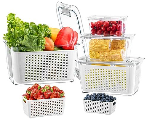 Luxear 4 Set Frischhaltedosen Obst Gemüse mit Deckel Sieb, 5,8L+4L+1,7L+0,5L BPA frei Vorratsdosen, Kühlschrank Organizer Frischhalteboxen Salat Beeren Aufbewahrung, Nicht geeignet für Spülmaschine