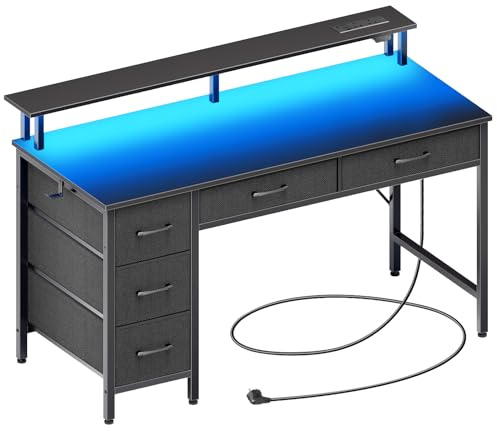Seventable Mesa Escritorio con 5 Cajones con Enchufes & Iluminación LED, Mesa Gaming con Soporte para Monitor, Mesa de Ordenador para Oficina, Dormitorio o Salón (Negro, 120 cm)