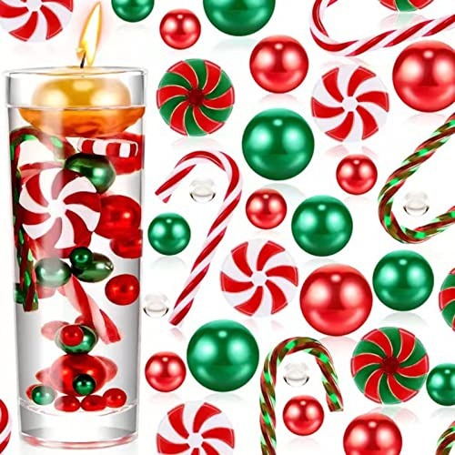 Gbbazu 6054Pcs Christmas Vase Filler, Filler Beads Floating Pearls and Candy Water Beads for Vase, Christmas Red White Green Floating Pearls Acrylic Plastic Glass Candy Canes Vase Filler (B)