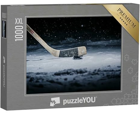 Puzzle 1000 Teile XXL „Hockeyschläger und Puck auf der Eisbahn“ – aus der Puzzle-Kollektion Menschen, Eishockey