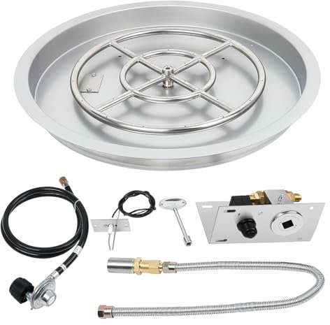 FAHKNS Round Drop-in Fire Pit Pan Kit, 25 Stainless Steel 304 Fire Pit Burner with Spark Ignition and Propane Hose Kit for Indoor Outdoor Fire Pit & Fireplace