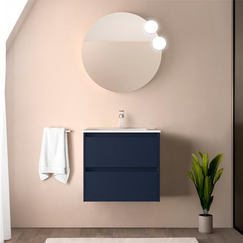 Inbagno Mobile bagno sospeso 70 cm blu satinato con lavabo e specchio tondo 70 cm, 2 cassetti con chiusura soft-close, GAYA