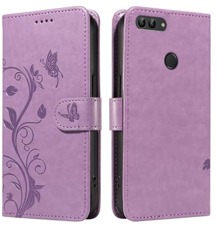 XFDSFDL® Protective Cover for Huawei P Smart FIG-LX1/LX2/LX3 (5.65 Inch) PU Leather Flip Case Almond Tree Pattern with Stand Embossing Holster Lanyard Wallet Phone Shell Purple