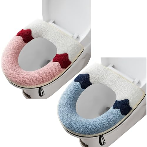 2 Stück dickere weiche WC-Sitzbezüge mit Griff, WC-Deckelbezug, Kissen, weich, dicker, waschbar, passend für alle ovalen WC-Sitze (Blau + Rosa)