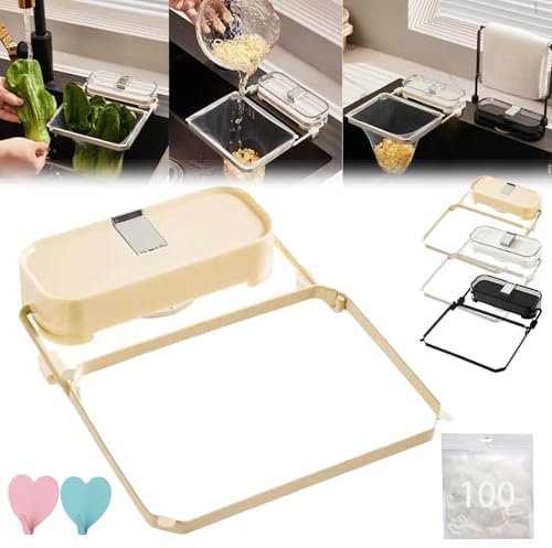 Suction Cup Sink Strainer, Sink Drain Strainer, Kitchen Sink Filter, Sink Drain Strainer Basket with 100PCS Net, Removable Suction Cup Kitchen Sink Filter Rack with Mesh Bag for Food Waste (Beige)