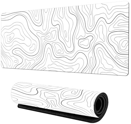 Sleeleece Gaming Desk Pad (900 * 400 * 3MM) Washable Large Mouse Mat, Topographic with Anti-Slip Base, Extended for Office & Home, White