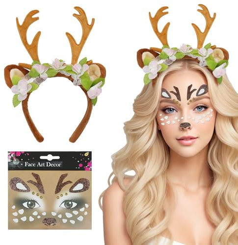 NebulaGlam Haarreif Reh Geweih Hörner Rehohren + Reh Gesichtstattoo, Karneval Kostüm Damen Mädchen, Damen Kinder Reh kostüm Kopfschmuck Haarreifen Fasching Mottoparty Halloween Kostüm