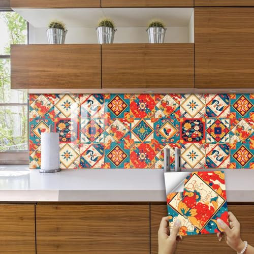 Kitchen Tile Stickers 30X30CM Yellow and Red Stick on Tiles Tile Stickers for Bathroom Stick on Wall Tiles Backsplash for Kitchen Stick on Tiles Self-Adhesive Vinyl Home Decoration （10 Pieces）