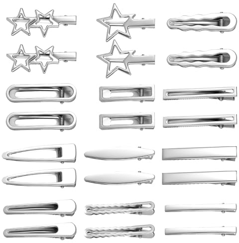 24 Stück Y2k Haarspange Silber Metall Haarspangen Damen Haarklammer Silber, Geometrische Metall Haarspangen Minimalistische Zierlich Stern Haarspangen Klein für Girls Damen Kopfbedeckungen, 12 Stilen